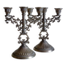 Pair of 3-flame brass candlesticks