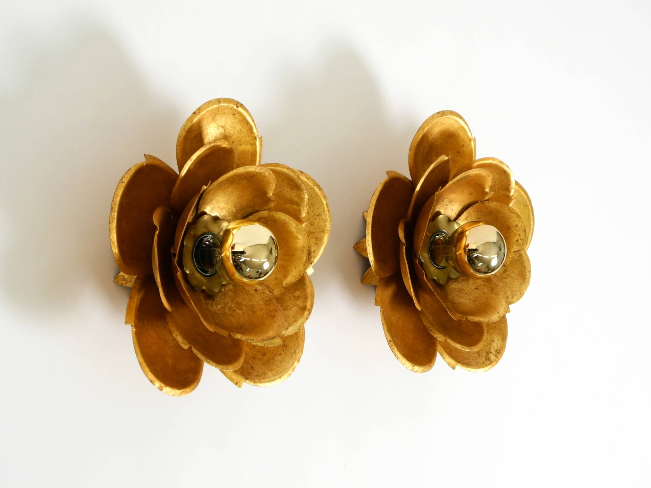 Two beautiful, large, gilt wall lamps, "Water Lily," Italy, 1960s