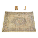 Tapis Oushak beige décor rustique, 7x10, surteint sable, pour salon, MOON.144