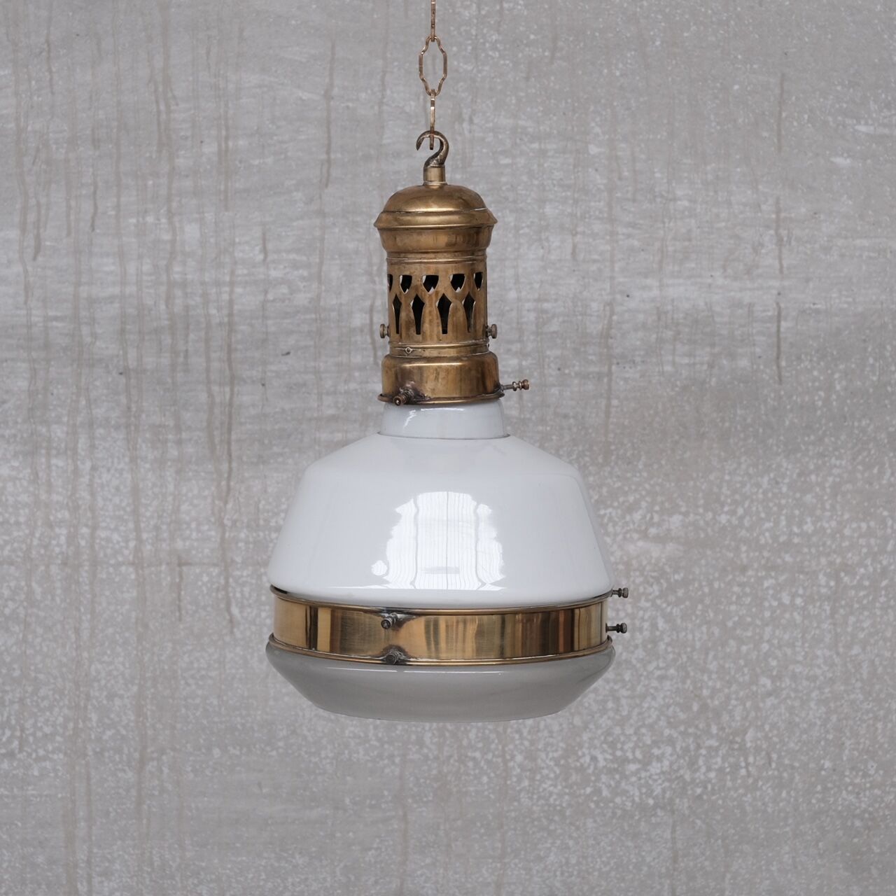 German Antique Two Tone Brass and Glass Pendant Light