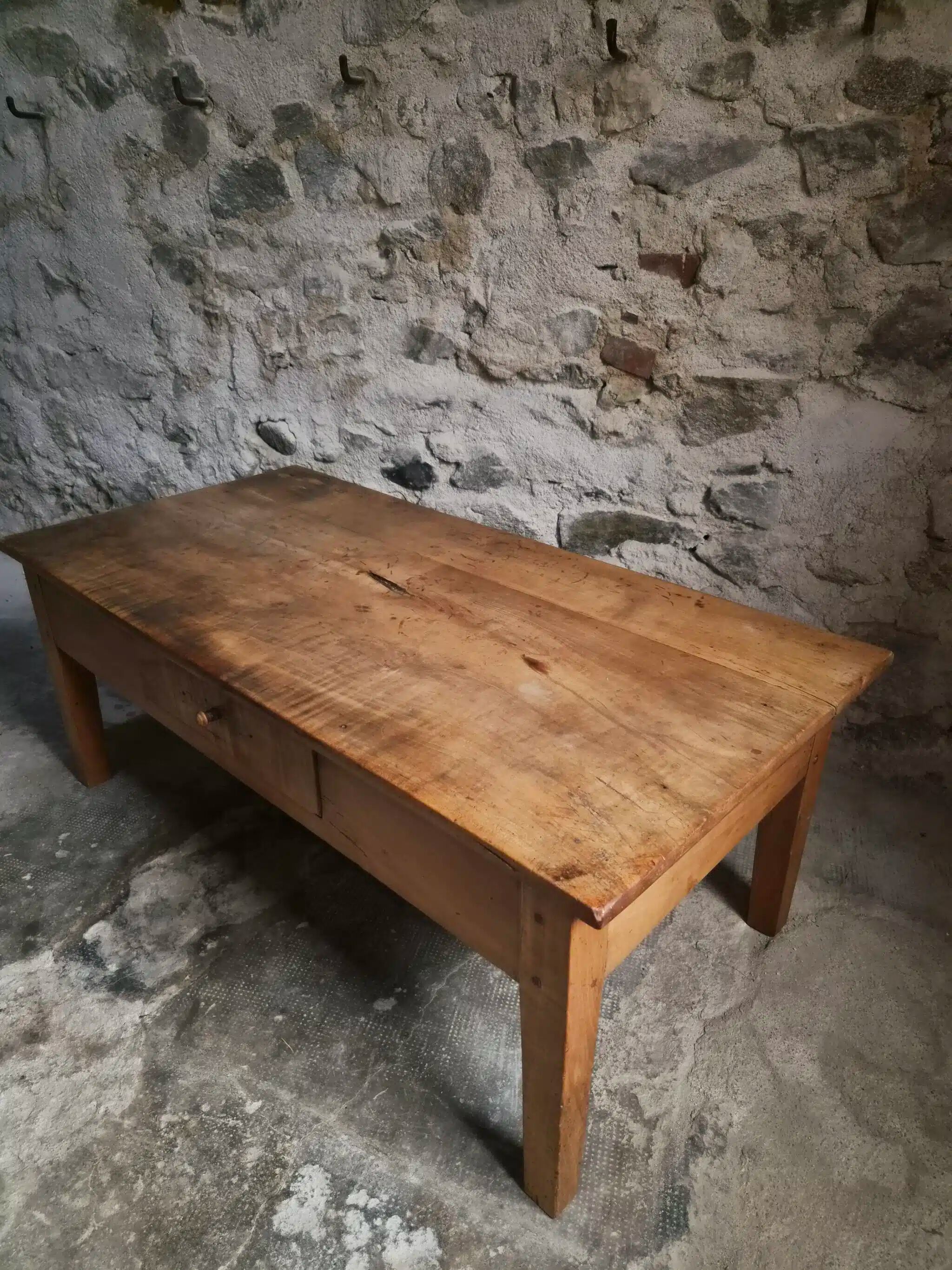 Antique French coffee table, 18th-century cherry farmhouse table with a drawer.