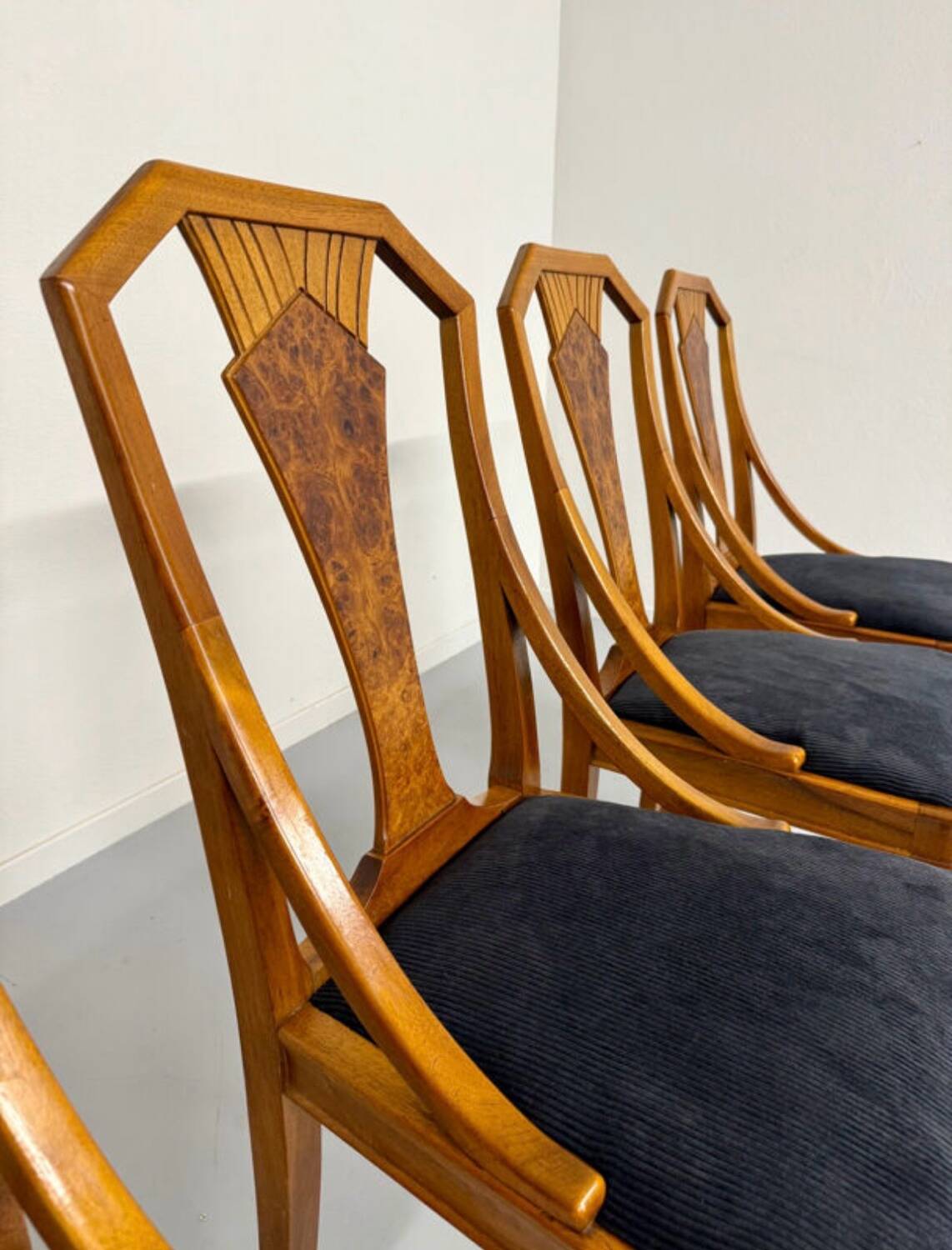 4 walnut burl wood chairs from the 1920s Art Nouveau period.