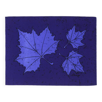 Genuine Vintage 1960s Blue Canada Leaf / Winter Fabric Wall Hanging