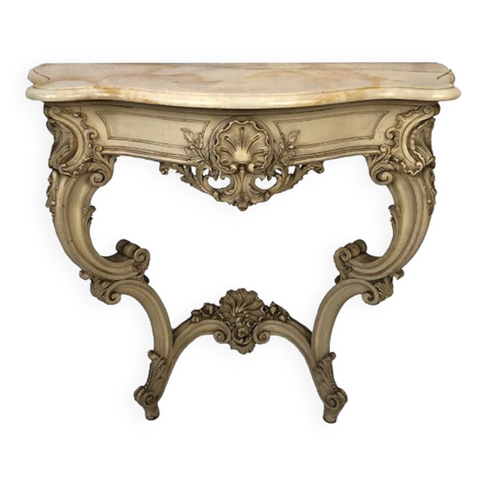 Louis XV style console in gray lacquered wood and marble top, nineteenth