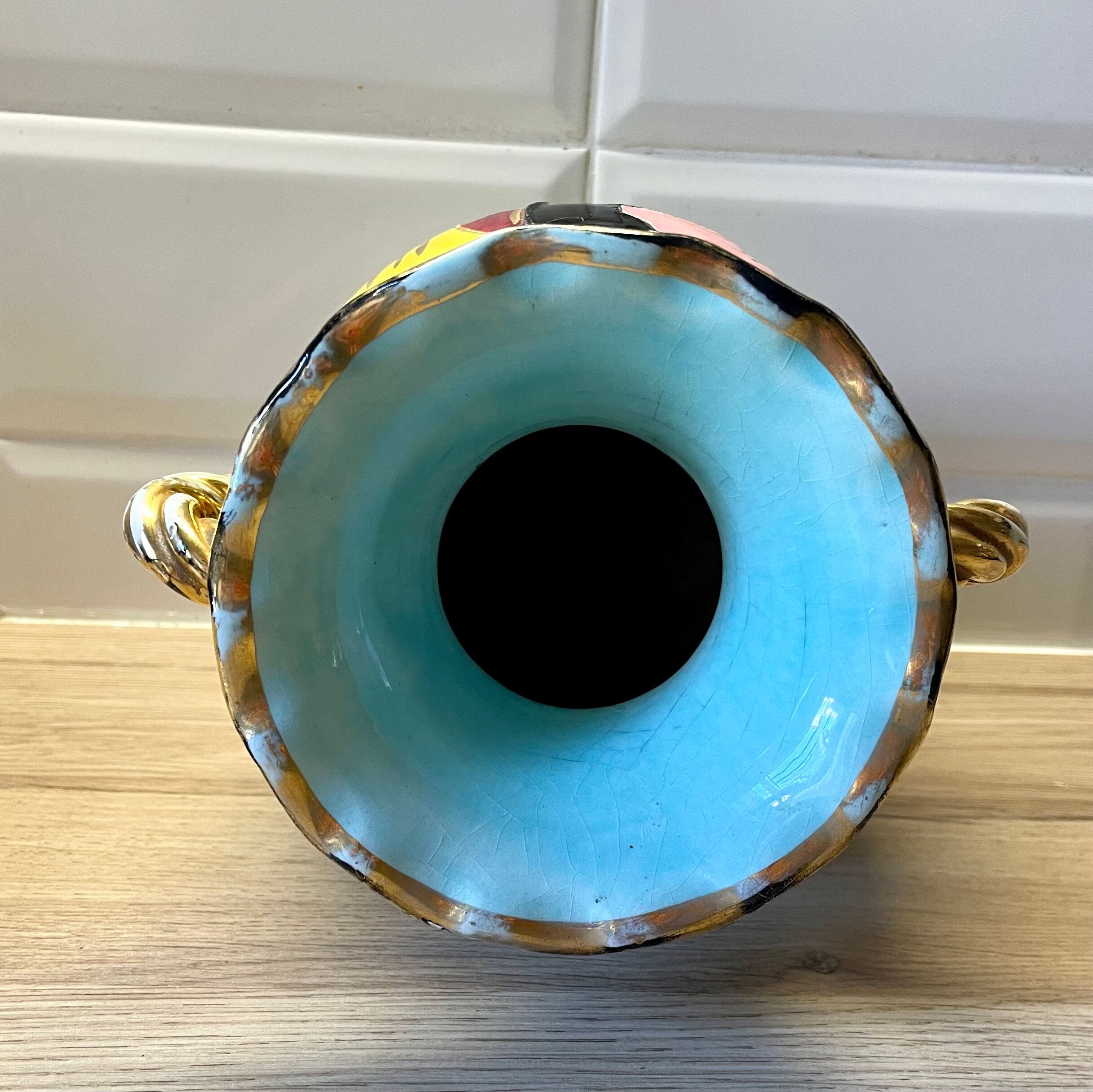 Vallauris vase with handle and gold leaf