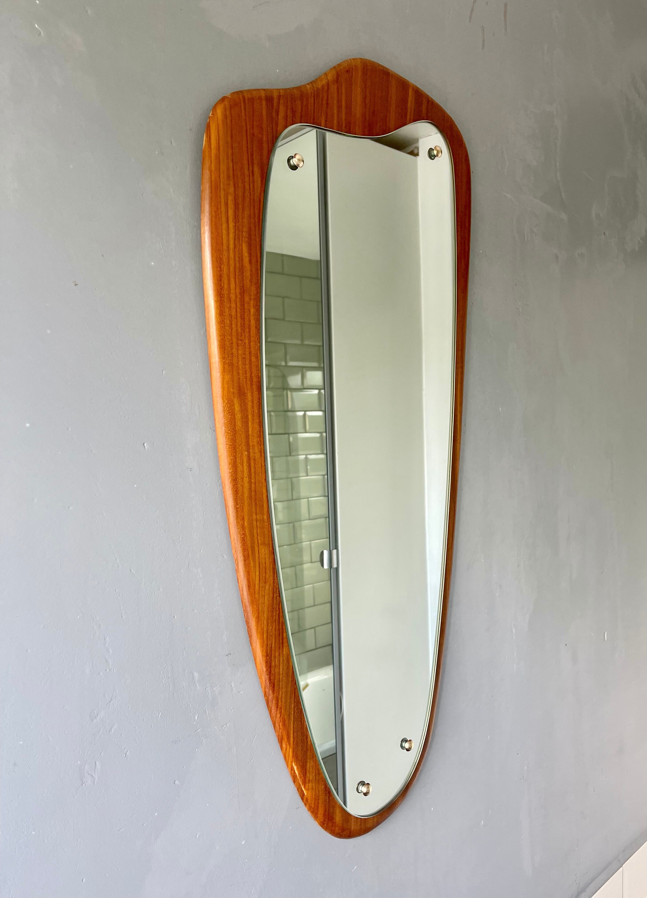 Vintage triangular wall mirror teak frame - 80x37cm