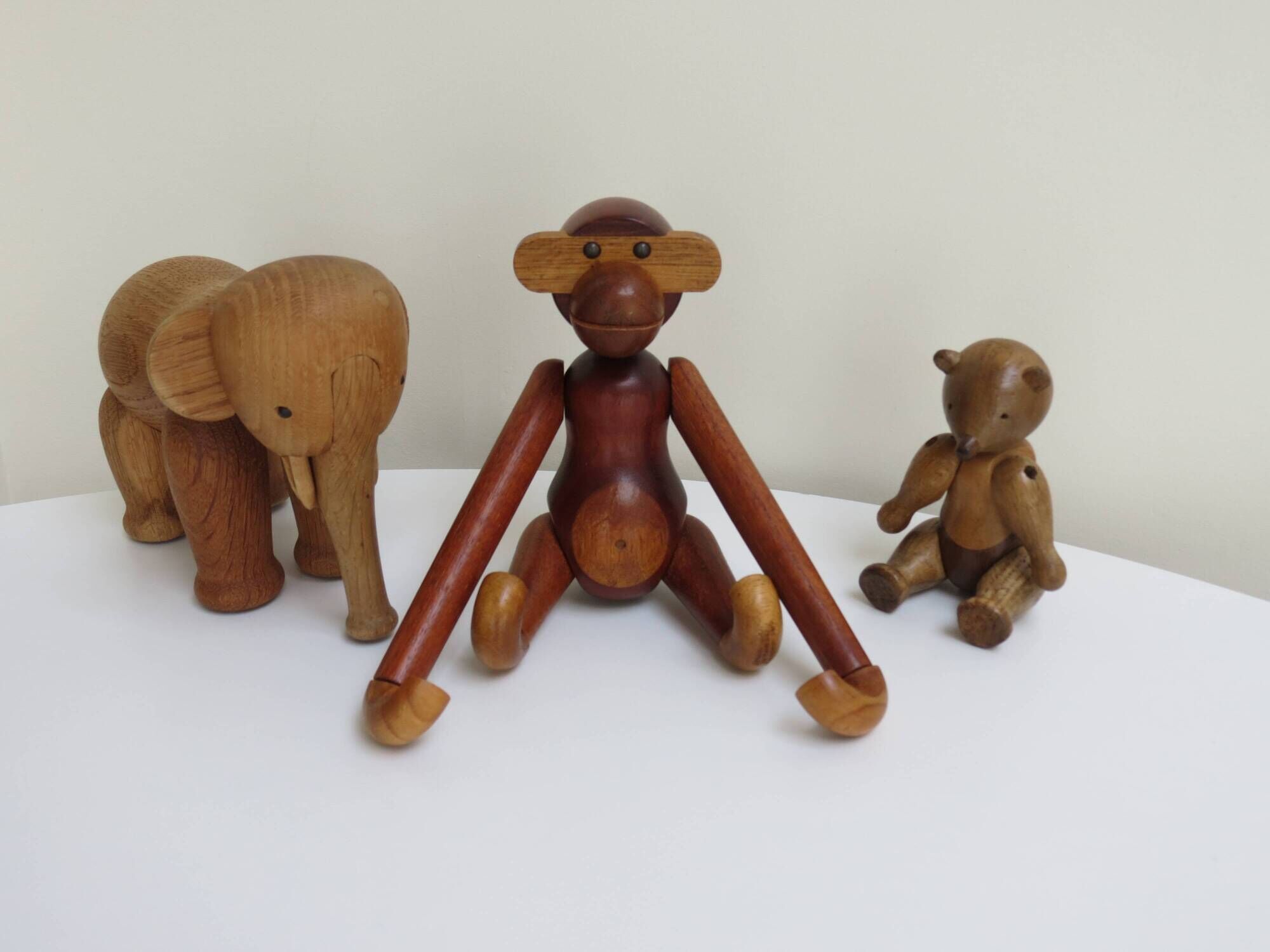 Set of 3 1960s Kay Bojesen Vintage Wooden Toy Monkey Elephant Bear Danish