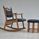 1970s, Danish design, oak wood rocking chair with footstool, furniture wool, original condition.