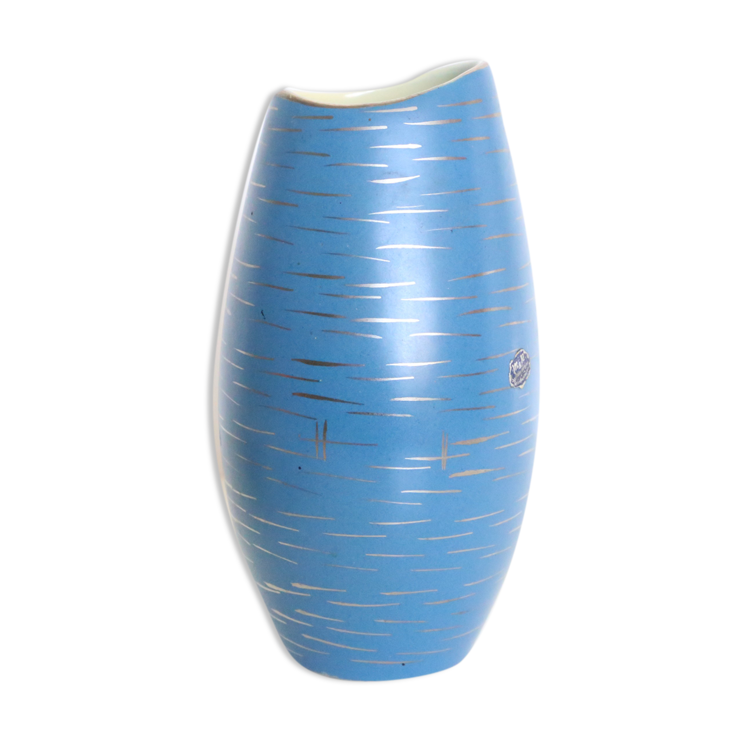 German ceramic vase, blue and gold, 1960, handicrafts, vintage
