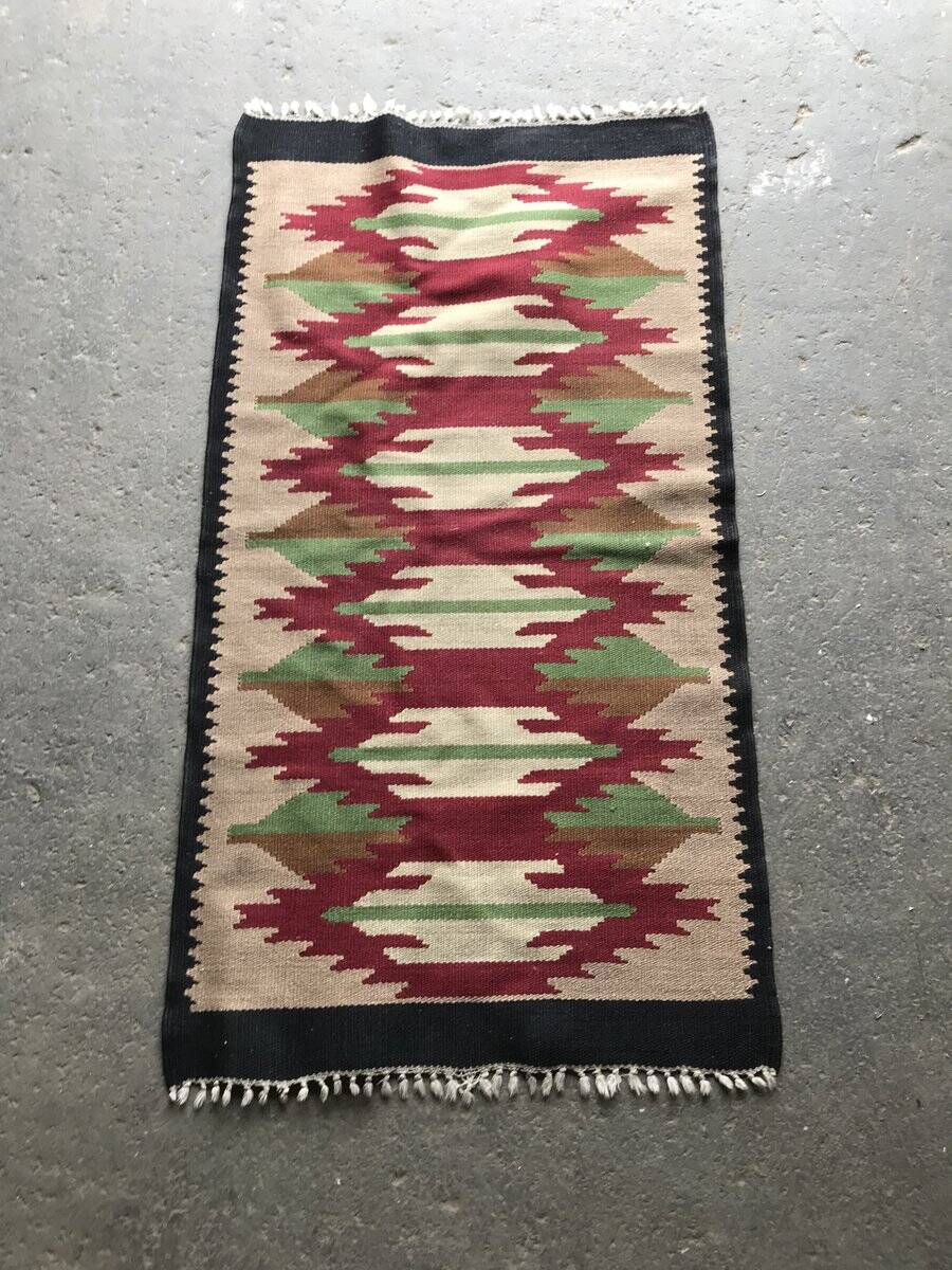 Mid-Century red textile rug - 1940s geometric pattern, 62x119 cm
