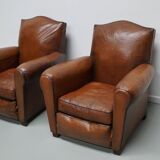 Pair of French Cognac Moustache Back Leather Club Chairs, 1940s