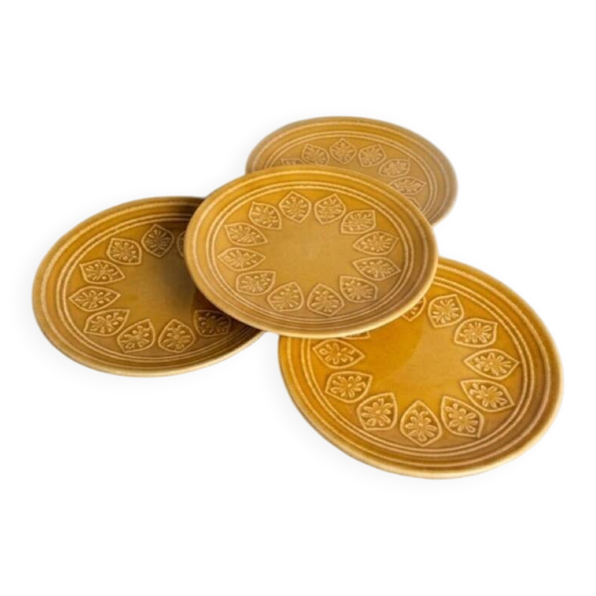 Lot de 4 assiettes à dessert en grès ocre / moutarde à motifs en relie