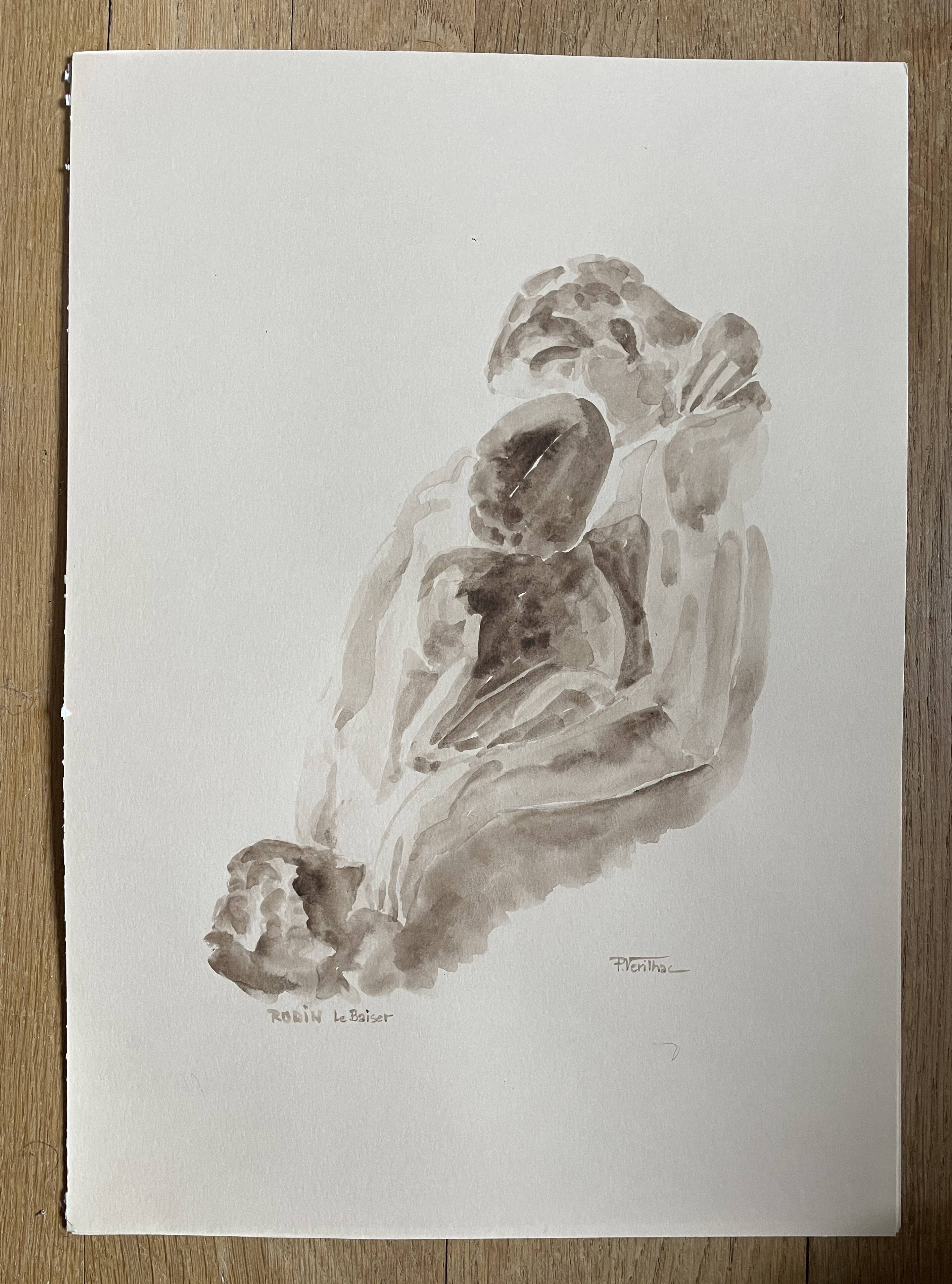 Painting signed sepia monochrome watercolor study of the statue “Rodin’s kiss”
