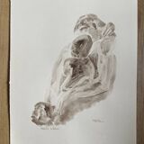 Tableau signé aquarelle monochrome sépia étude de la statue « le baiser de Rodin »