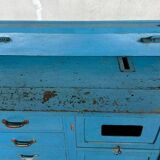 Wooden commercial workshop furniture with 4 drawers and 2 hinged doors - original patina