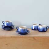 Service of 4 blue ceramic cups and saucers from the 1950s