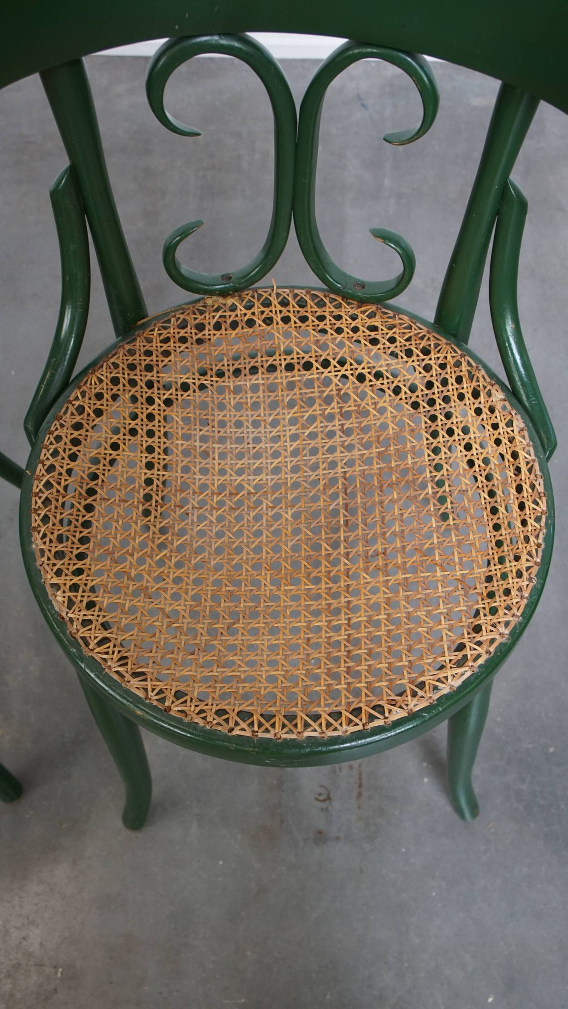Set of 4 Green Vintage Bistro Chairs with Woven Rattan Seats