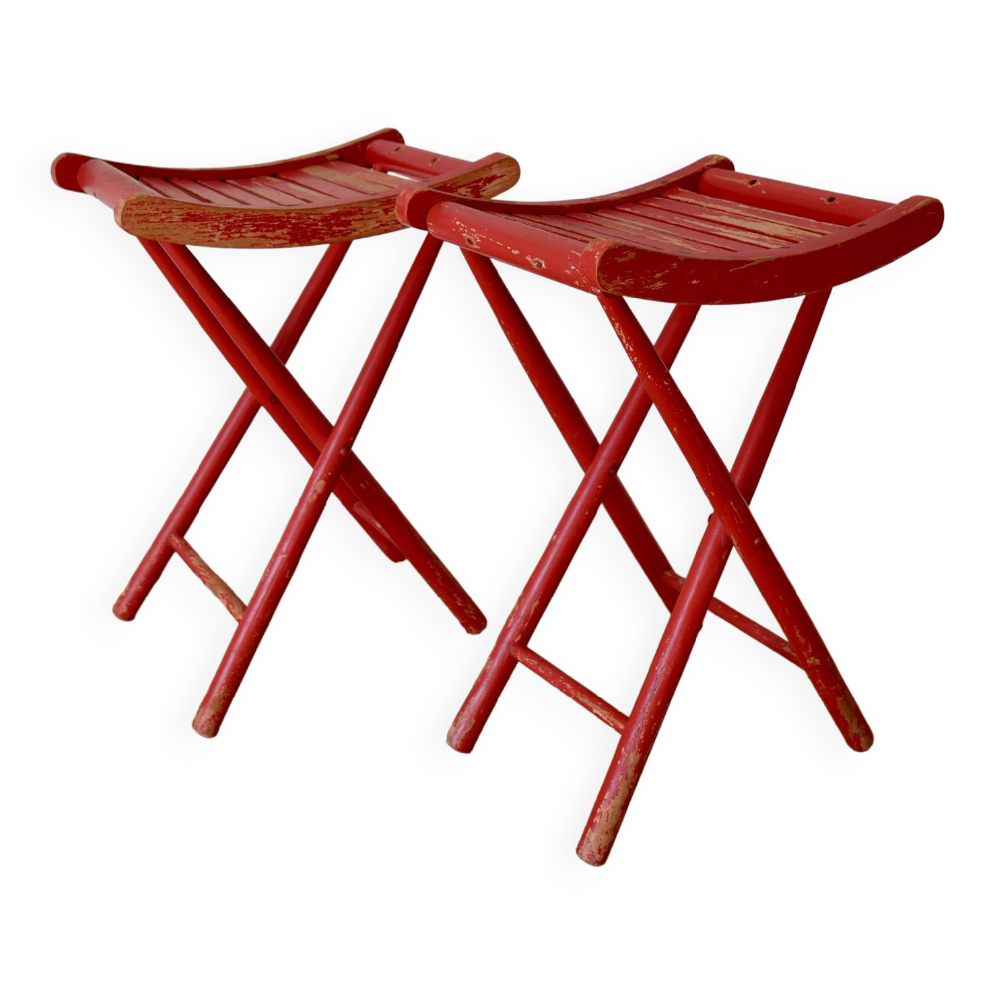Paire de tabourets pliants de pêcheurs peints en rouge début XXème