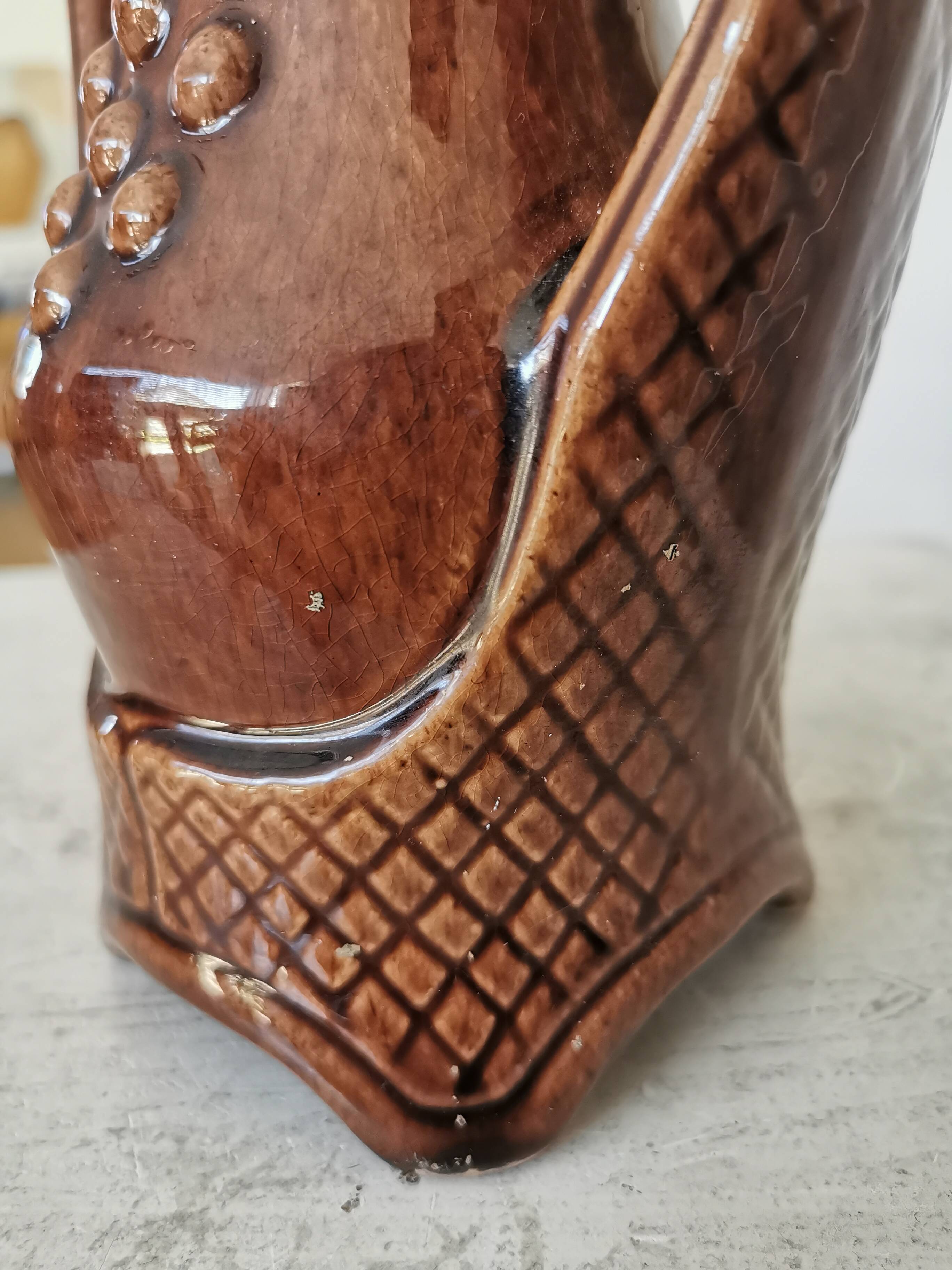 Vintage Amphora Vase: Large Brown Glazed Pottery with Grape Motif