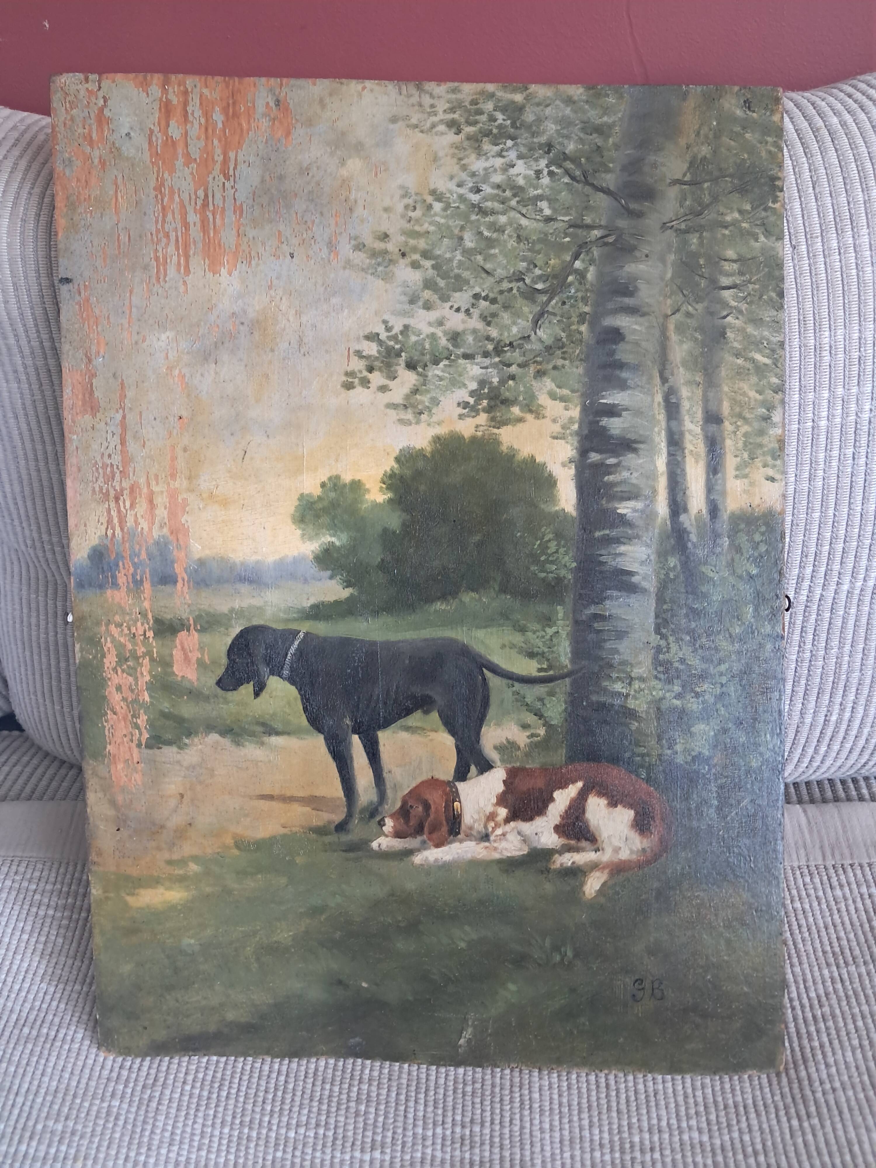 Tableau ancien représentant un paysage avec des chiens