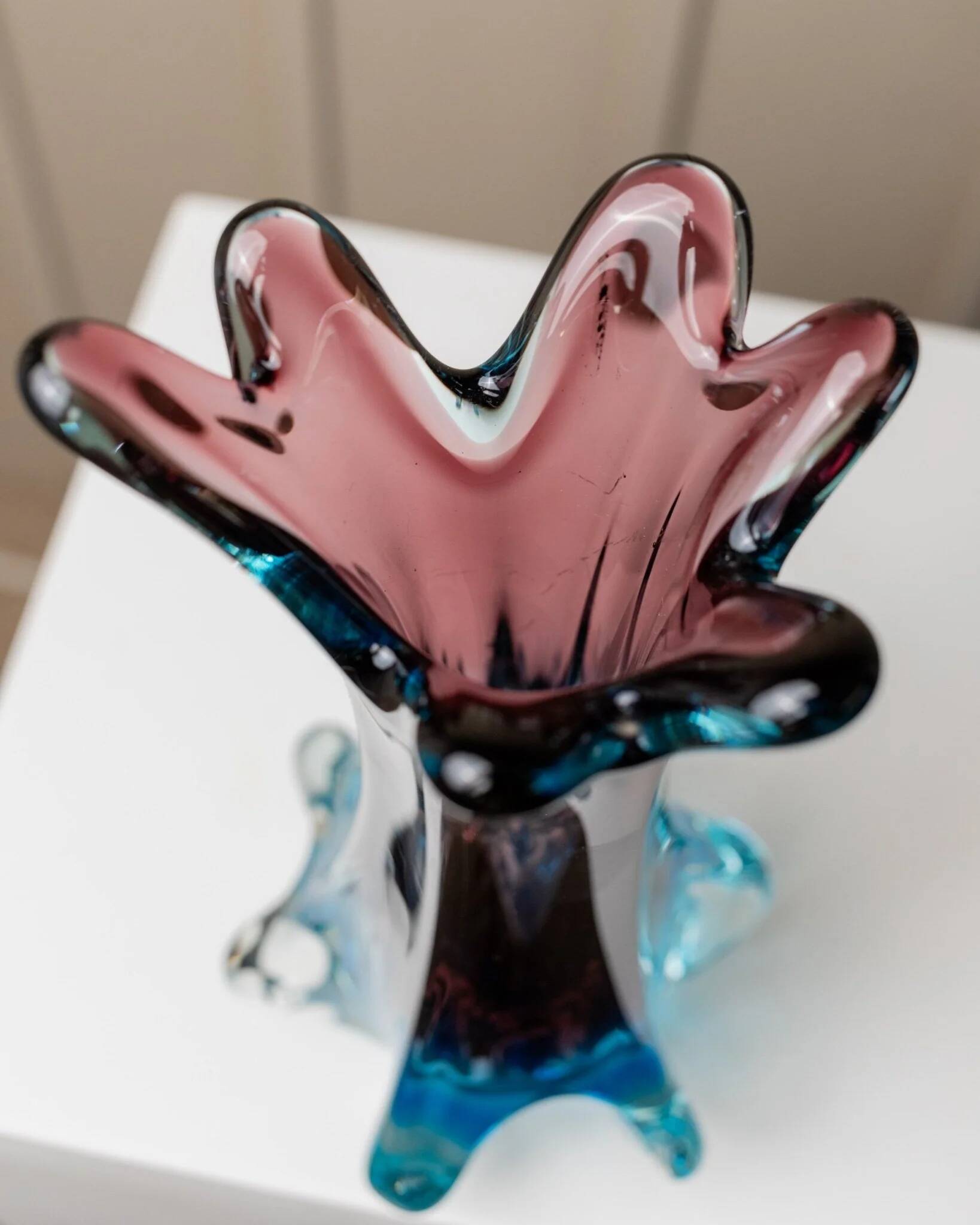 Fratelli Toso Murano Vase in Turquoise and Aubergine Glass XL Mid-Century Italian Art Vase, 1950s