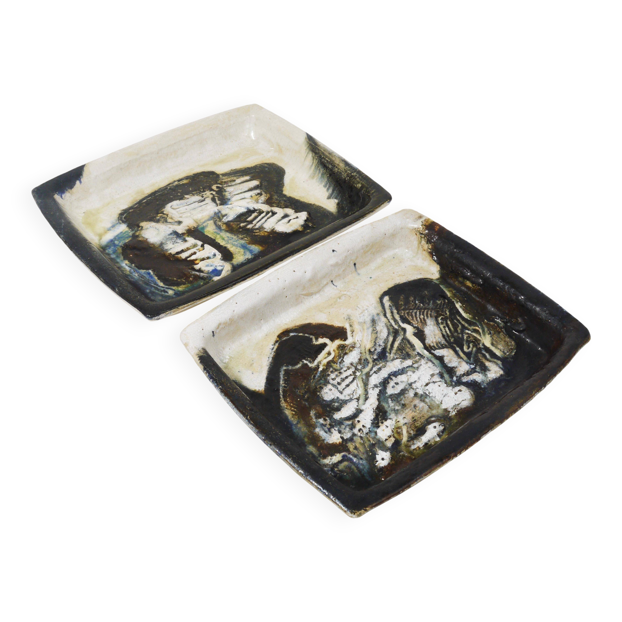 Two large abstract stoneware bowls/plates by Jeppe Hagedorn-Olsen, Denmark, 1970s.