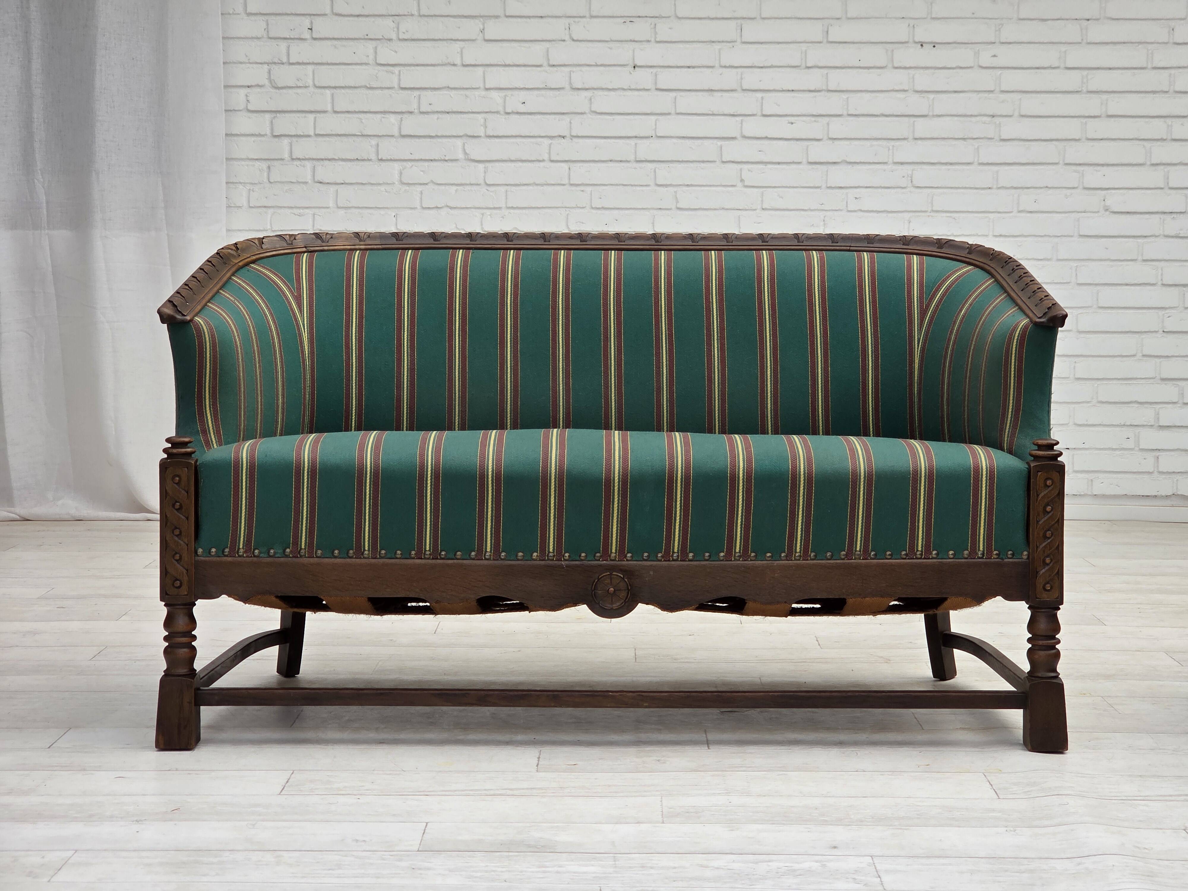 1950s, Danish 2-seater sofa, green furniture wool, oak wood.