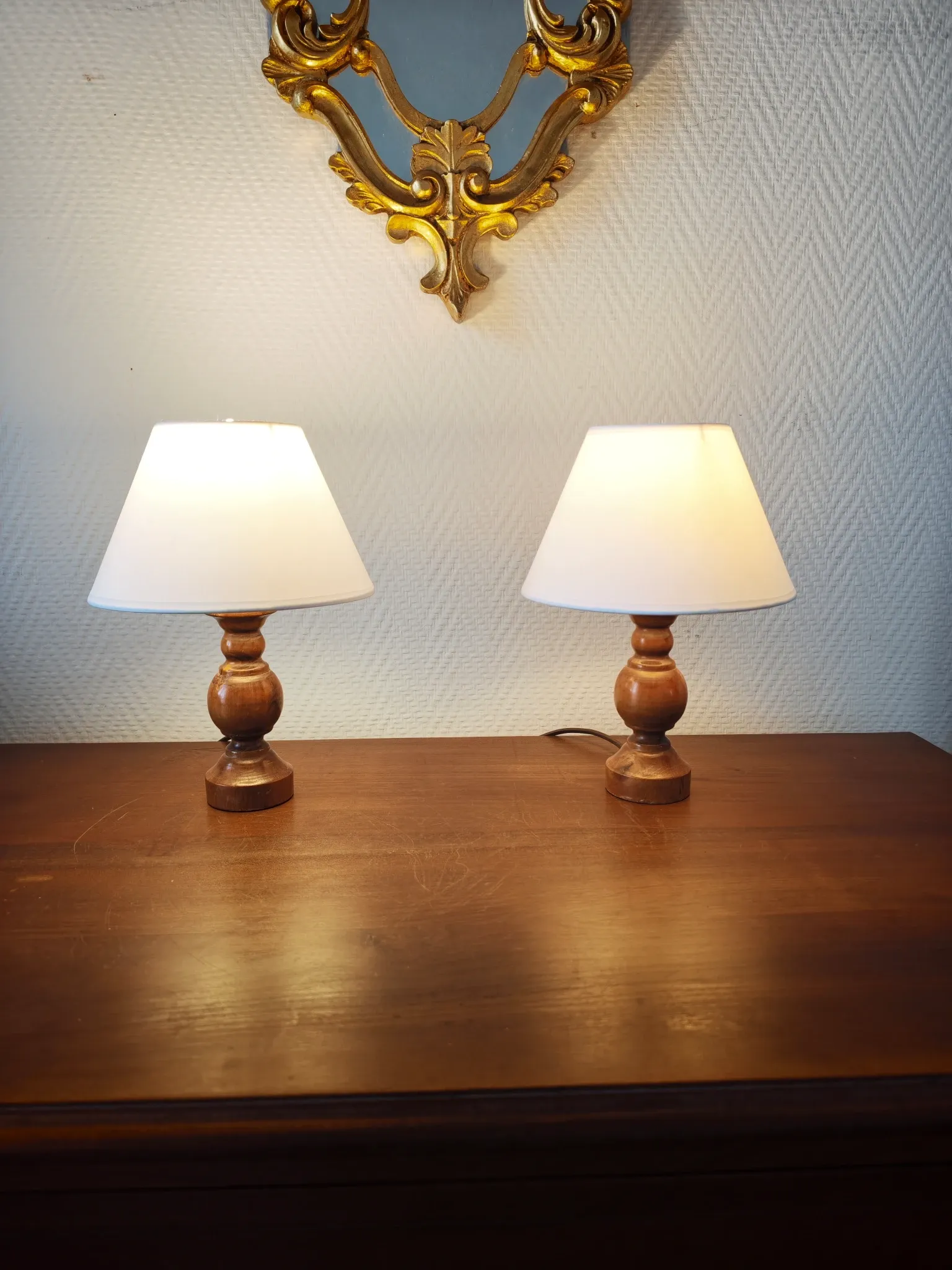 Pair of turned wooden bedside lamps