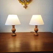 Pair of turned wooden bedside lamps