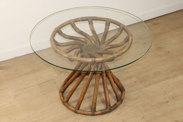 Table en bambou et verre par Bernard Govin – édition Eguizier, 1970