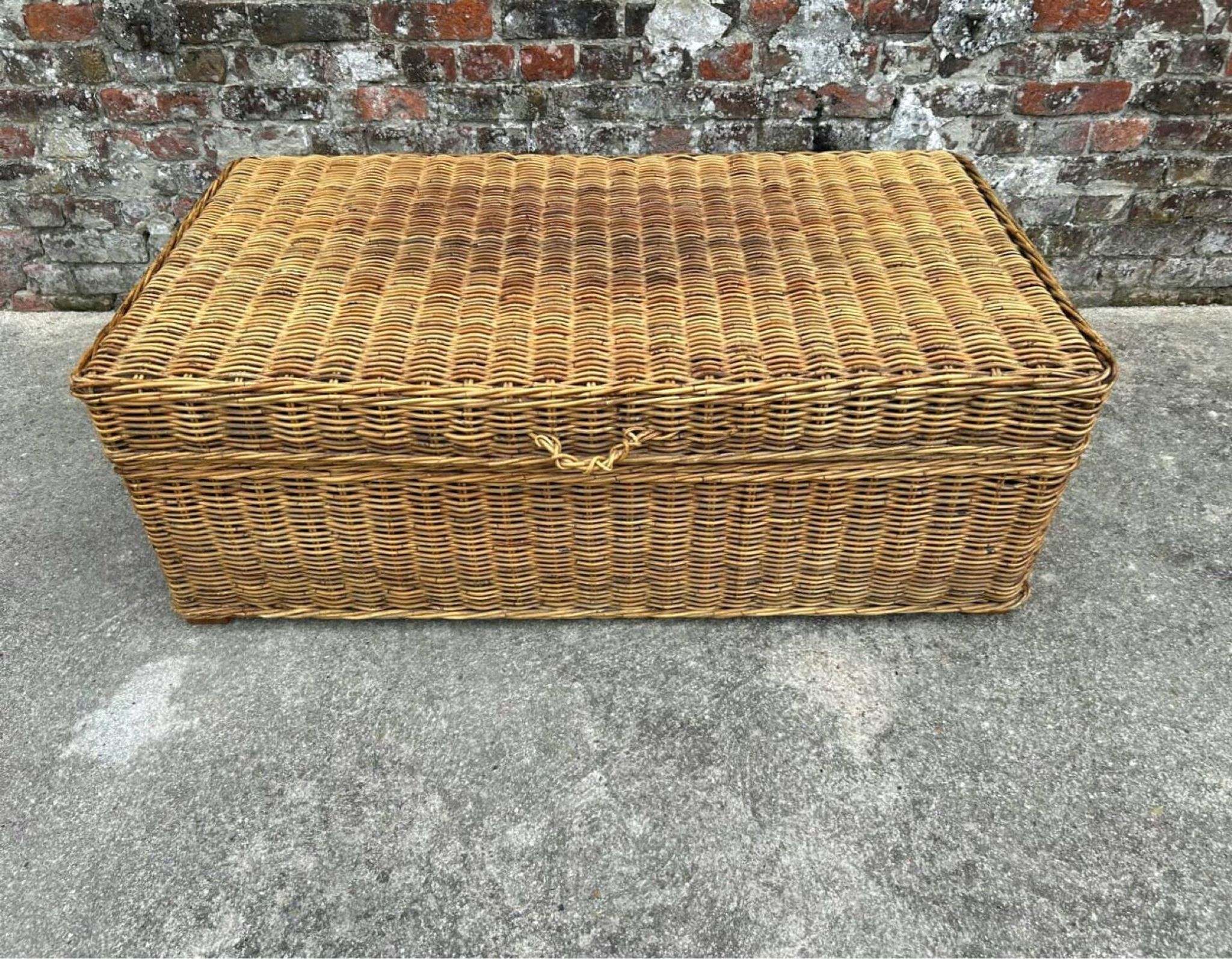 Very large vintage wicker and rattan trunk, antique chest.
