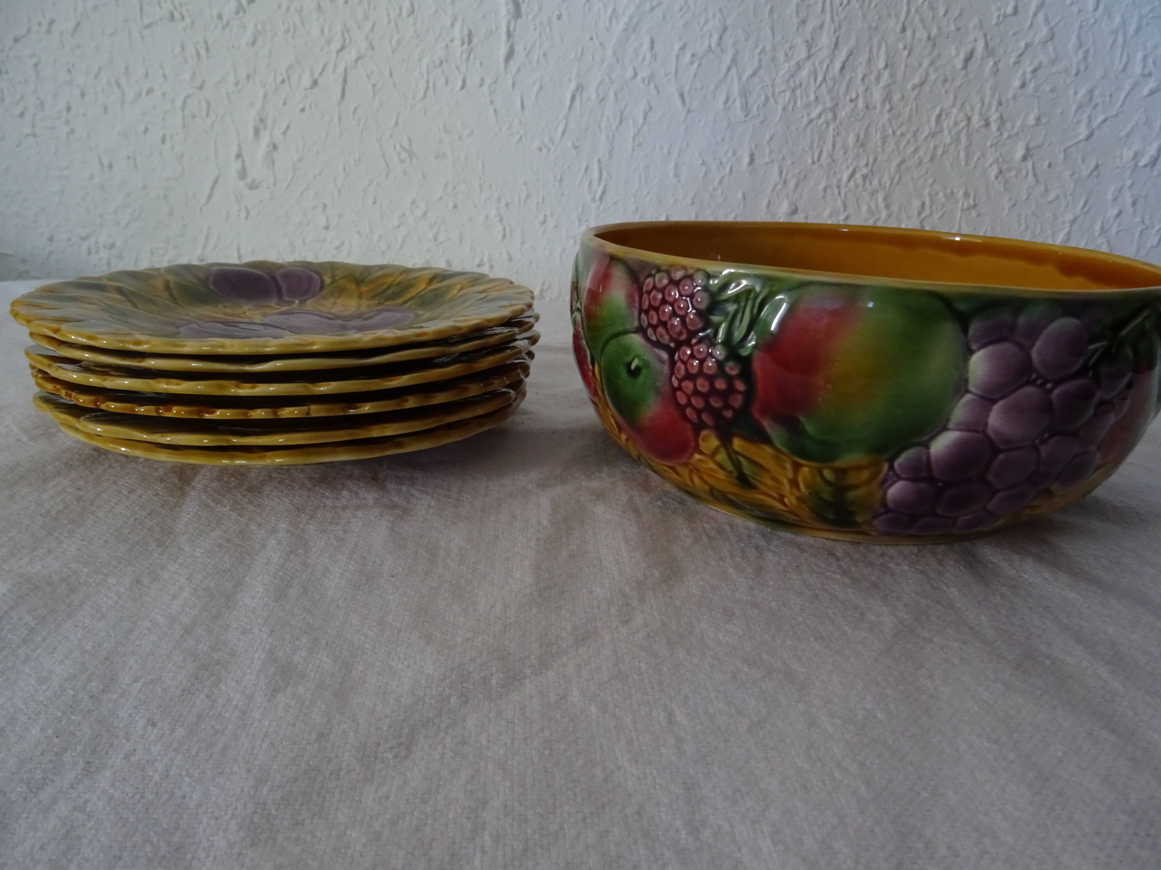 Dessert set salad bowl and 6 plates 541023 fruits barbotine sarreguemines