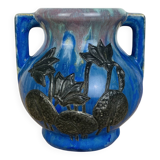 Pierrefonds stoneware art deco vase, tin floral decoration