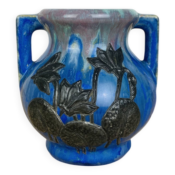 Pierrefonds stoneware art deco vase, tin floral decoration