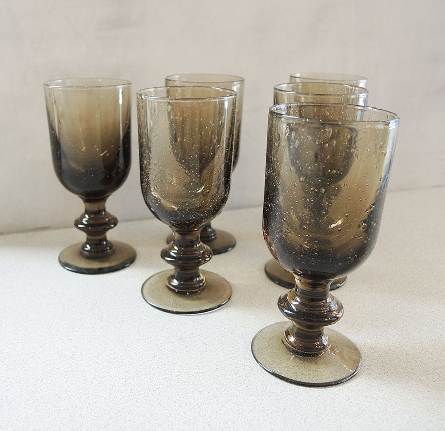 6 vintage glass foot glasses in smoked bullé from Biot