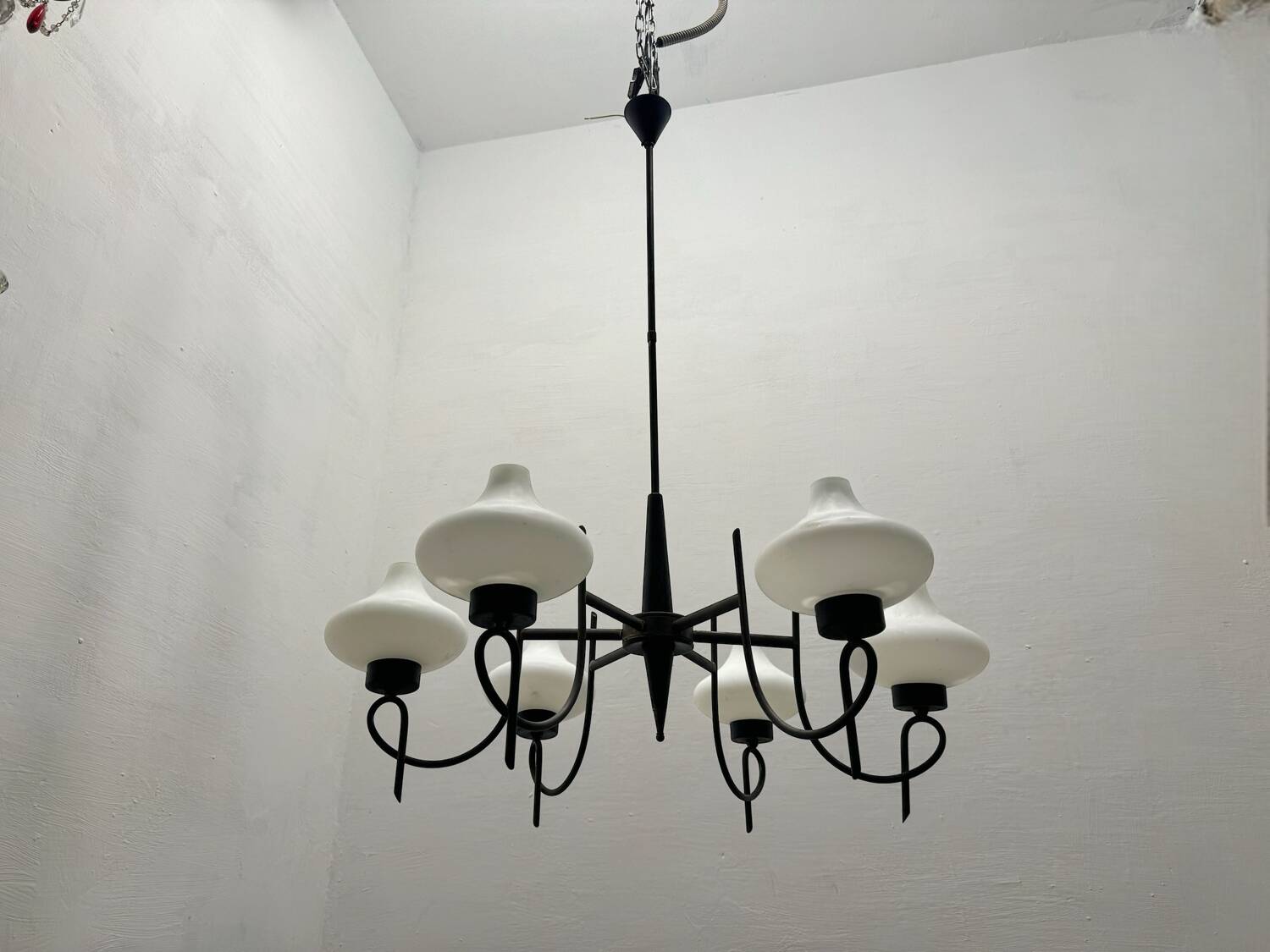 Italian Bronze Opaline Glass Chandelier 1950’s