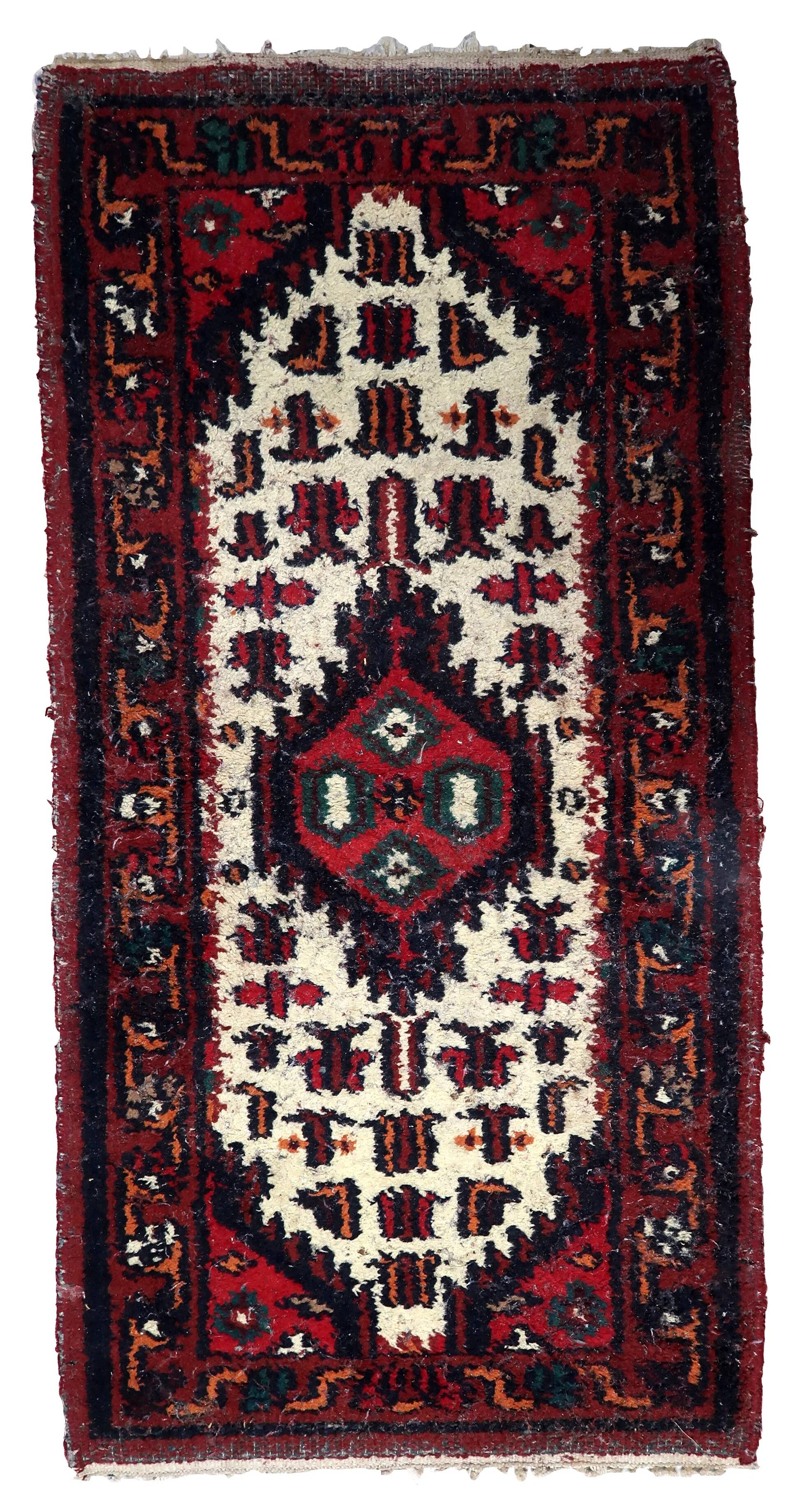 Handmade vintage Persian Hamadan rug 61cm x 123cm 1970s