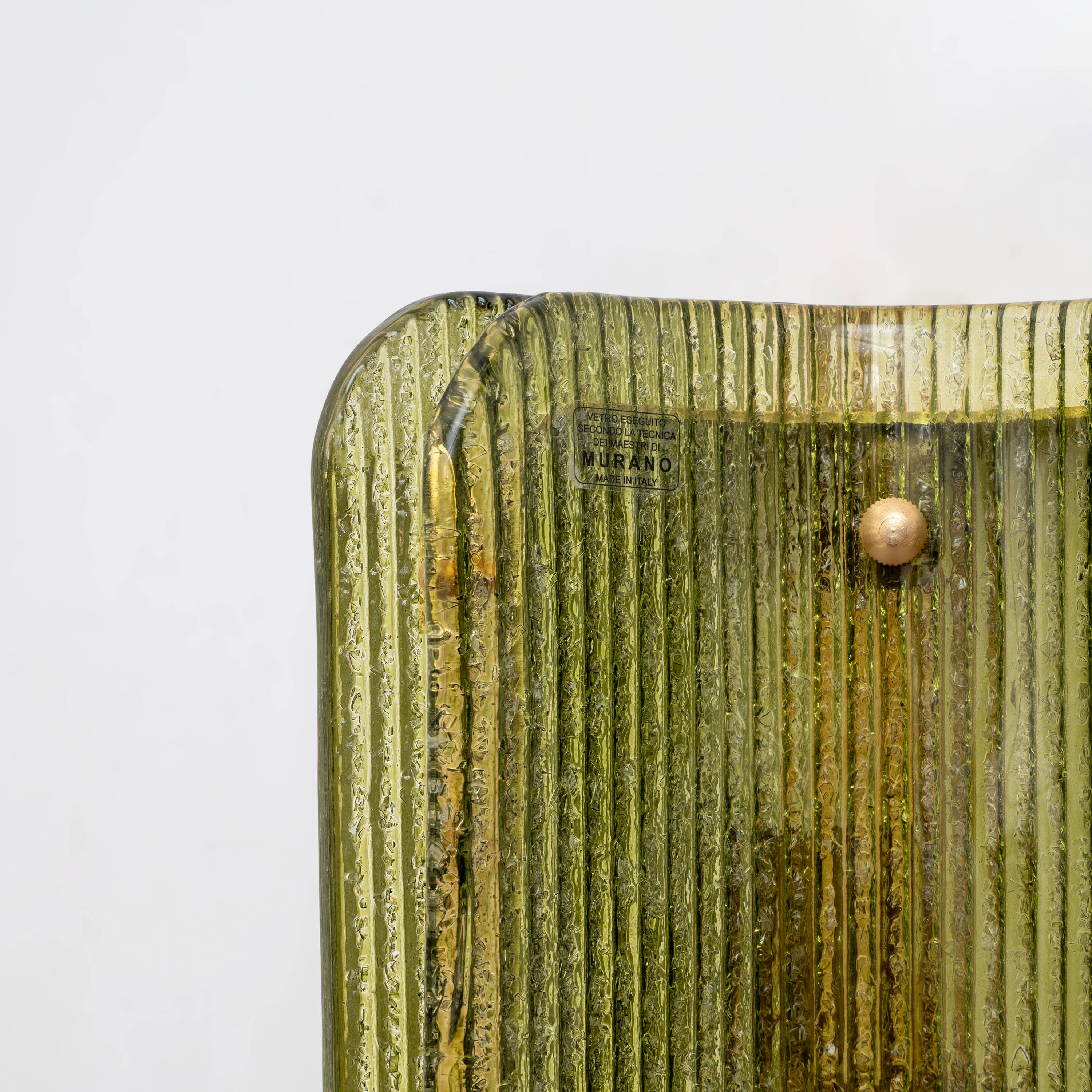 Pair of Curved, Ribbed Murano Glass and Brass Wall Sconces