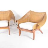 Pair of wooden and wicker armchairs