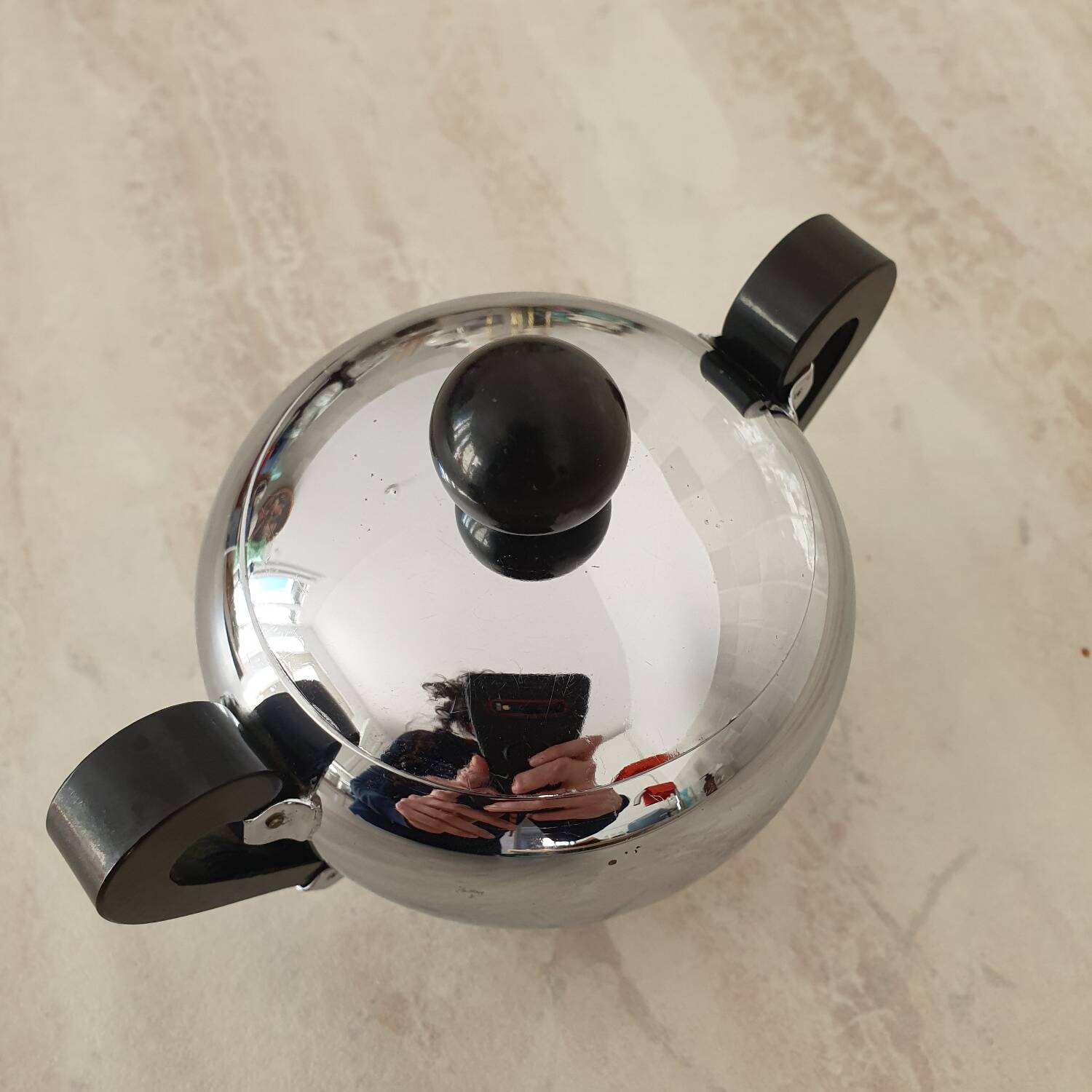 Alessi / Stainless steel and bakelite sugar bowl, "Bombé" collection