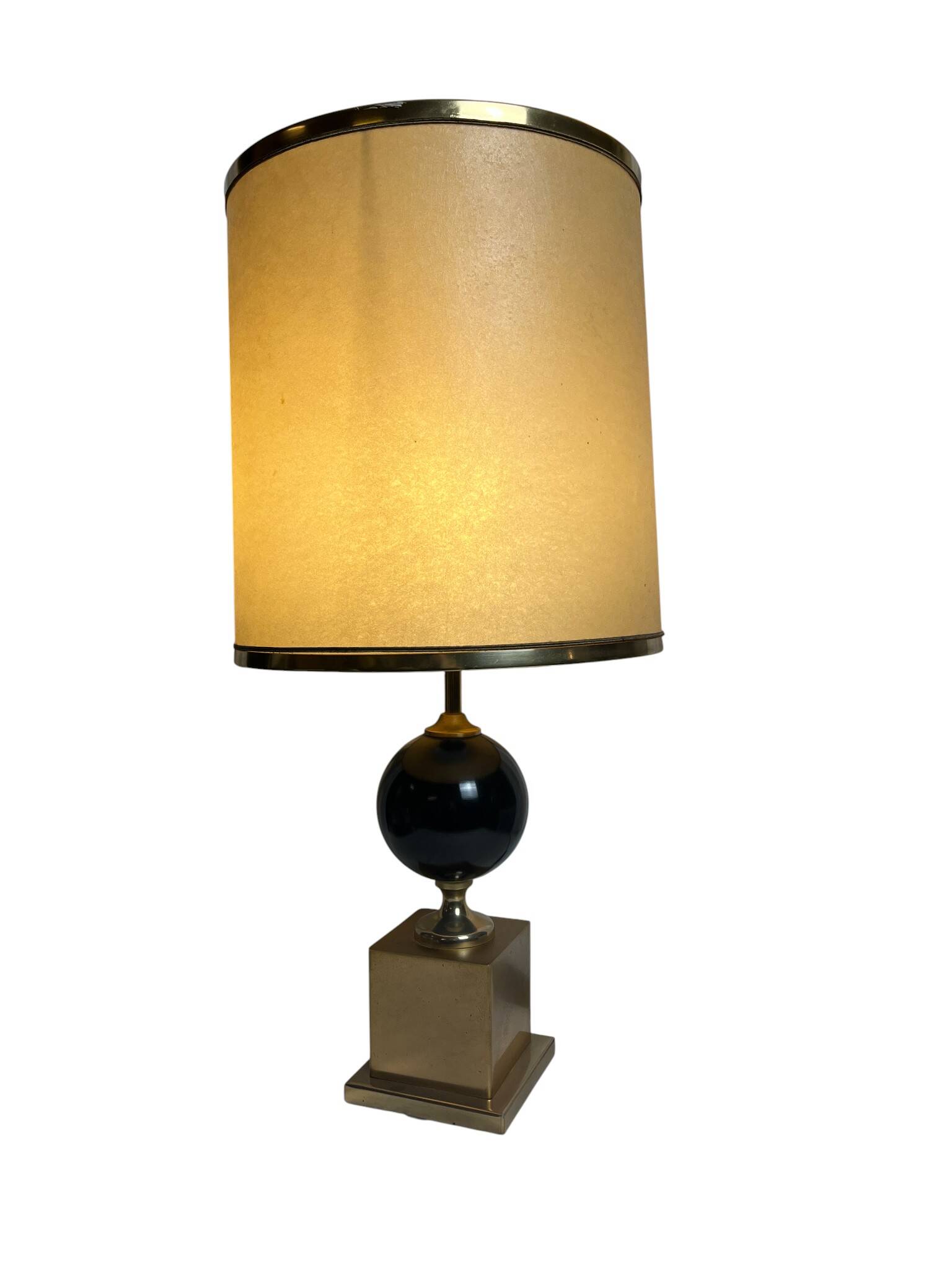Vintage, lampe pied métal doré et laque noire abat-jour vers 1970