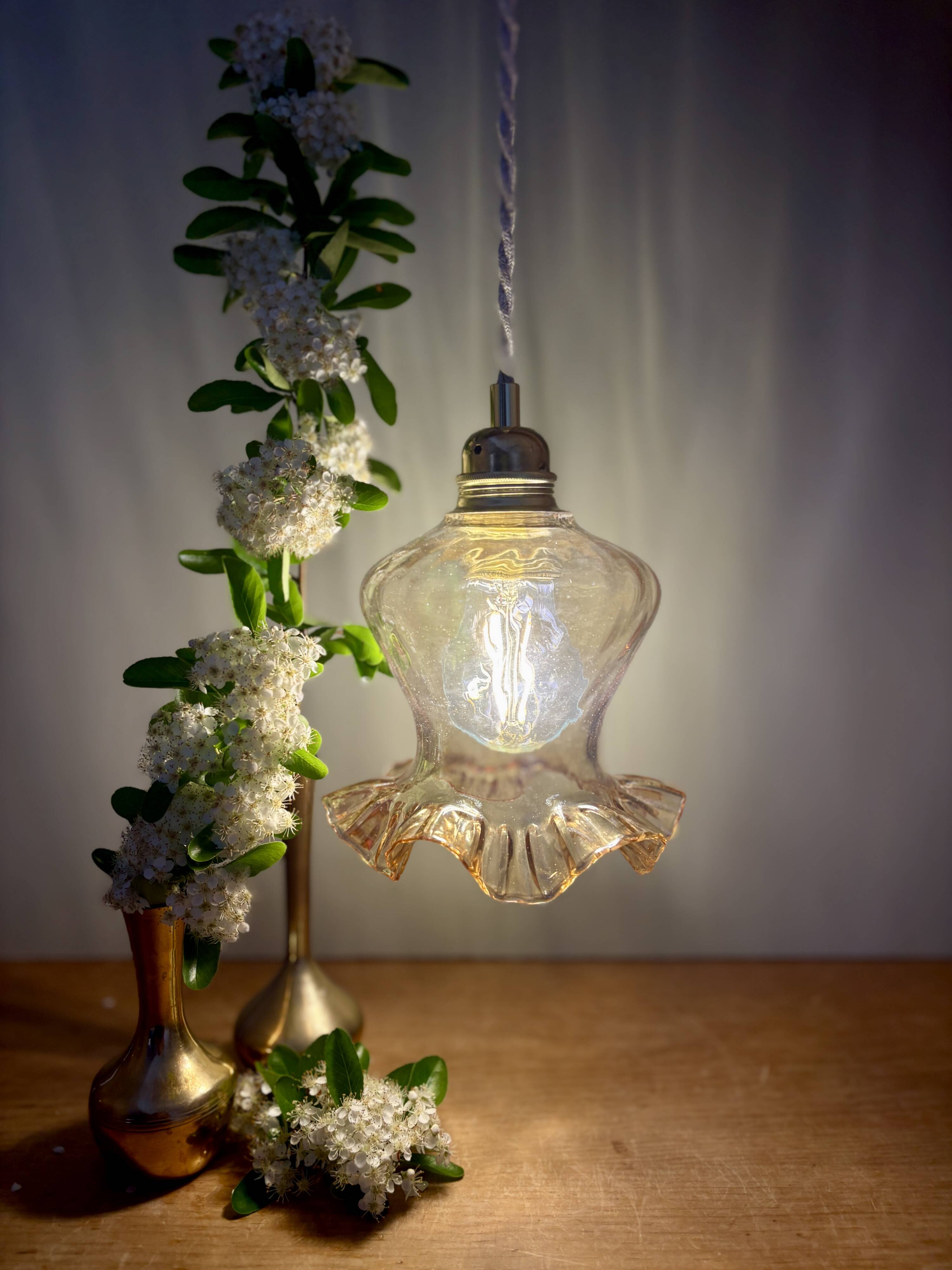 Vintage tulip pendant light in amber glass