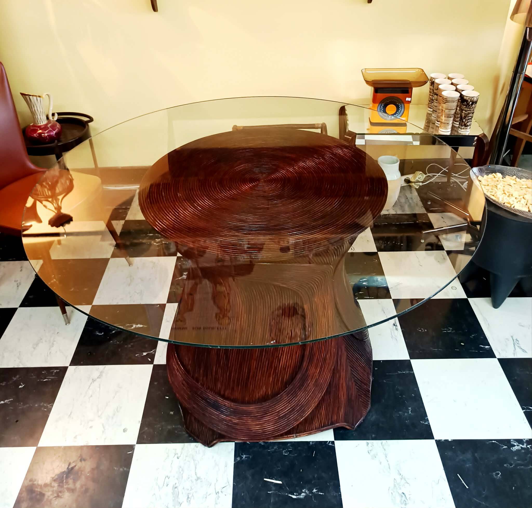 Table marqueterie de rotin vintage 1970