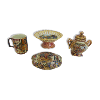 Hand-Painted Satsuma Pottery Set, 1950s, Set of 4