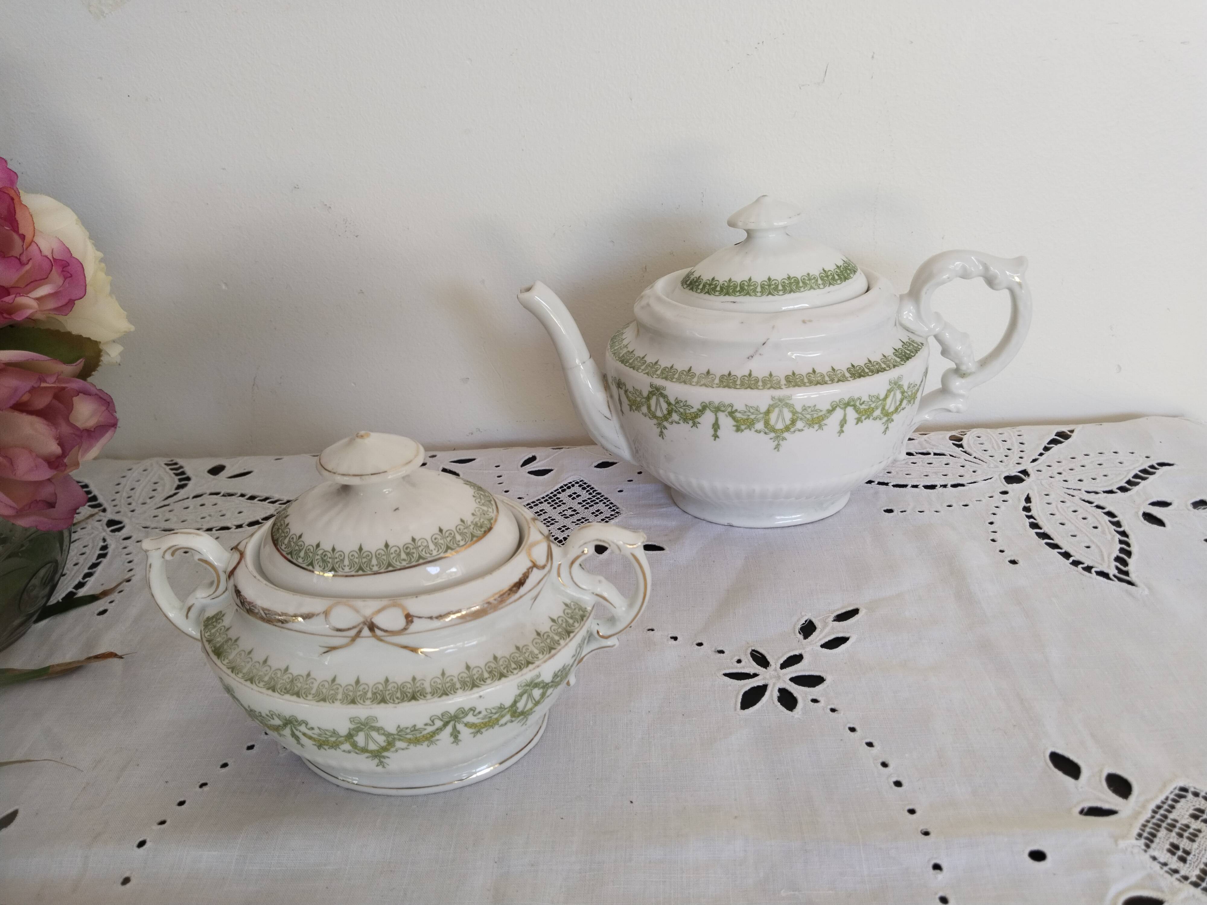 English porcelain tea service, green and gold, antique