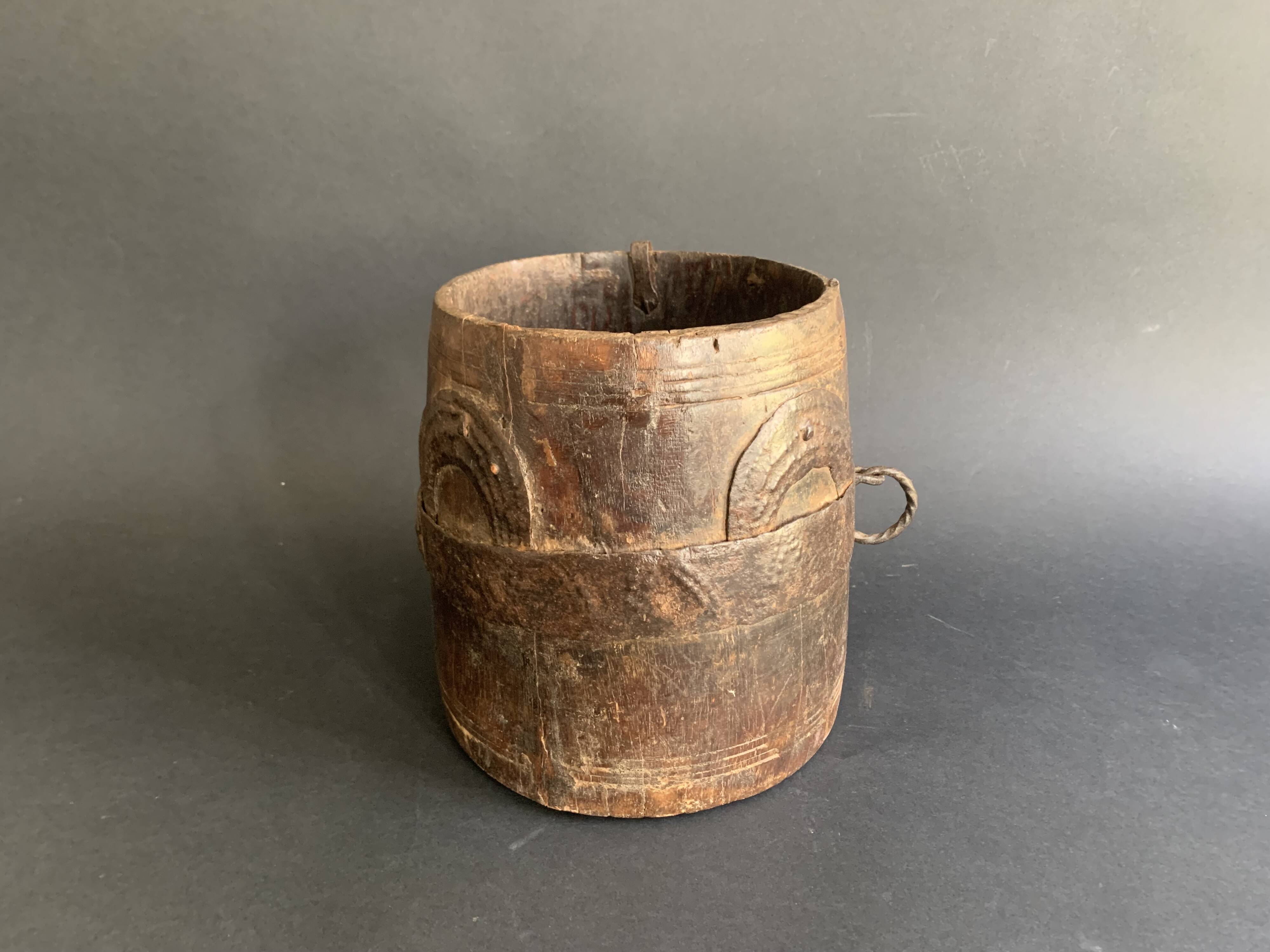 Large measuring pot in wood and old iron, 19th century folk art