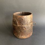 Large measuring pot in wood and old iron, 19th century folk art