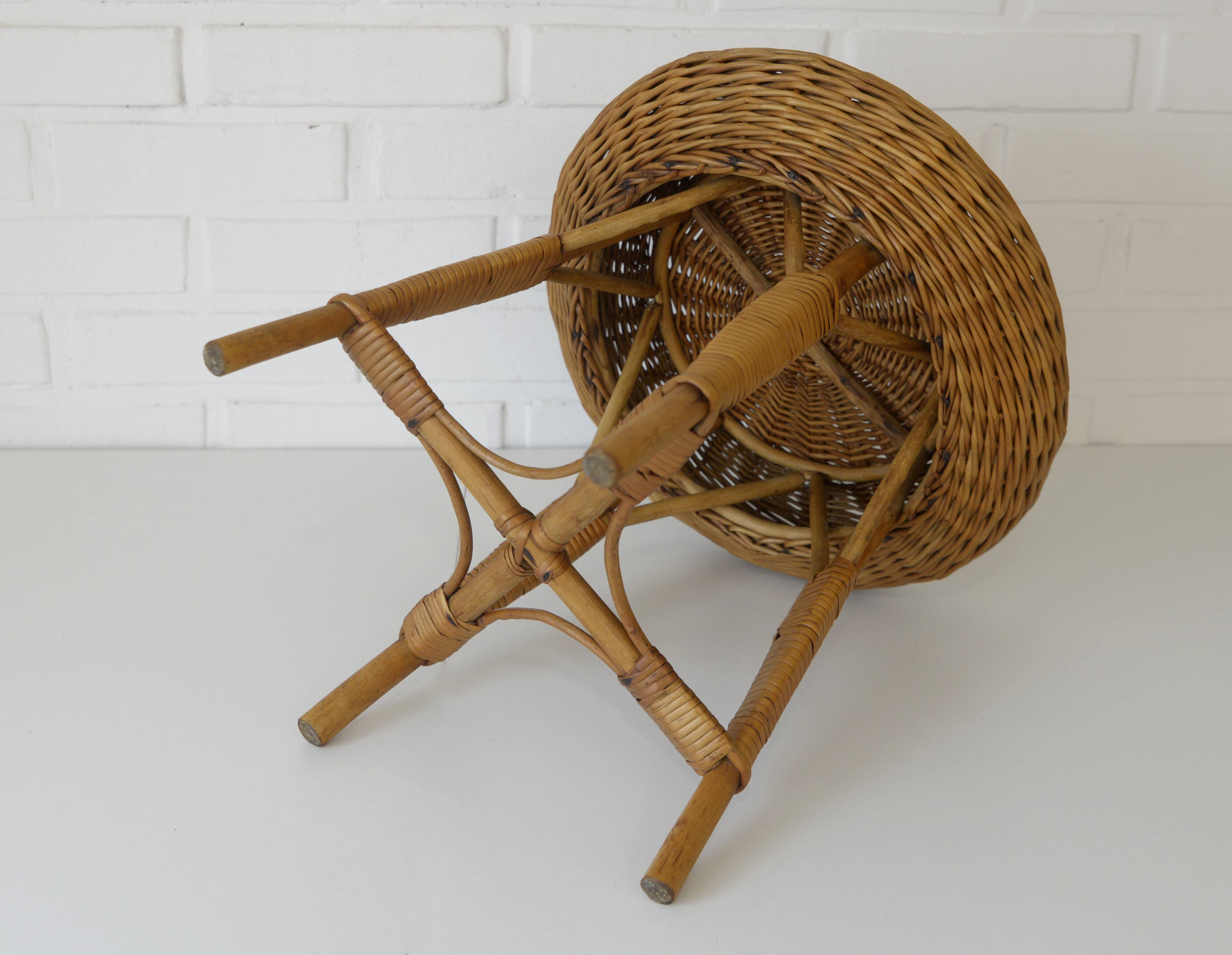 Vintage Rustic Stool / Ottoman Footstool / Mid Century Wicker Bench 1960's