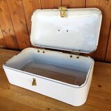 Vintage bread box - white enamel and brass - retro