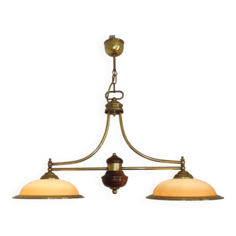 French Mid Century Brass And Wood Billiard Light With 2 Amber Glass Shades 4691